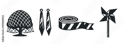 Minimalist icons: tree, ties, tape, and pinwheel on black background