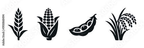 Black and white stylized icons of grain, corn, peas, and rice