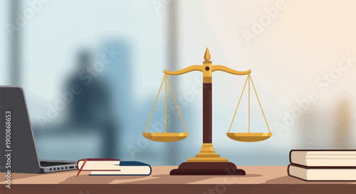 A desk with a laptop, law scales, and books against a blurred office background