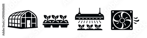 Greenhouse and hydroponic growing system with ventilation and lighting icon set