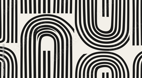 Modern geometric pattern with black arches and stripes on white background