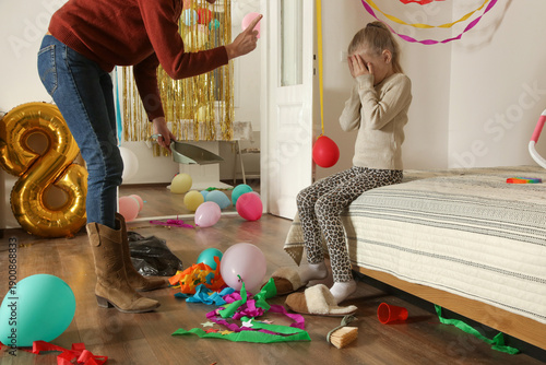 Angry Mother Confronting Daughter Over Mess After Birthday Party – Parenting and Discipline Concept
