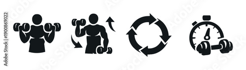 Fitness icons: dumbbells, muscle building, cycling arrows, stopwatch