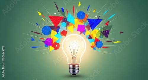 Bright Incandescent Light Bulb Illuminates Vibrant Geometric Shapes Exploding Outward Against A Soft Green Background