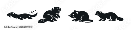 Silhouette of aquatic mammals: otter, beaver, muskrat, mink in monochrome design