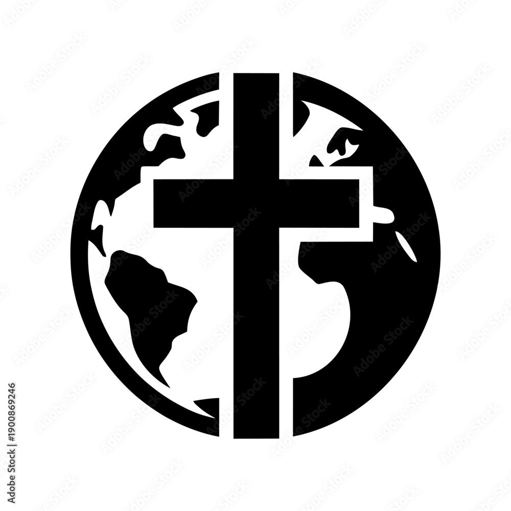 Obraz premium Black silhouette icon of a Christian cross set against a globe. Symbol of global Christianity and missionary work on a white background. Vector illustration