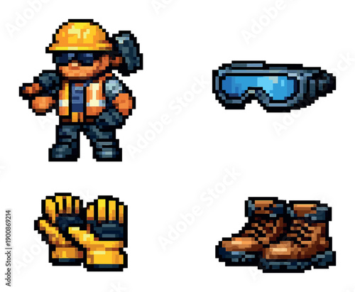 Pixel art construction worker with safety gear: tools, goggles, gloves, boots