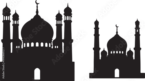Black silhouette of two mosques with domes and minarets on white background
