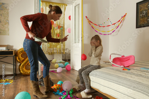 Angry Mother Confronting Daughter Over Mess After Birthday Party – Parenting and Discipline Concept