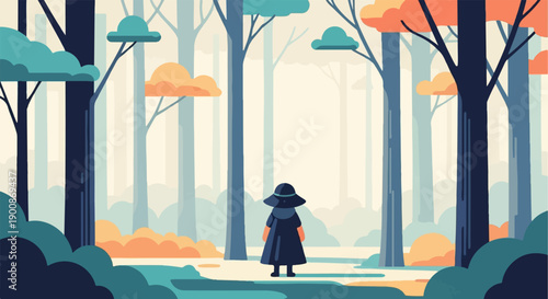 A figure in a wide-brimmed hat stands in a stylized forest setting