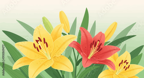 A cluster of vibrant lilies in red and yellow bloom against a soft green backdrop