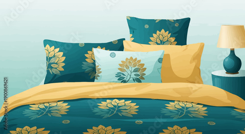 A cozy bedroom with floral bedding and a table lamp