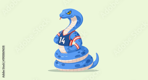 A cartoon blue snake wearing a basketball jersey with the number 14