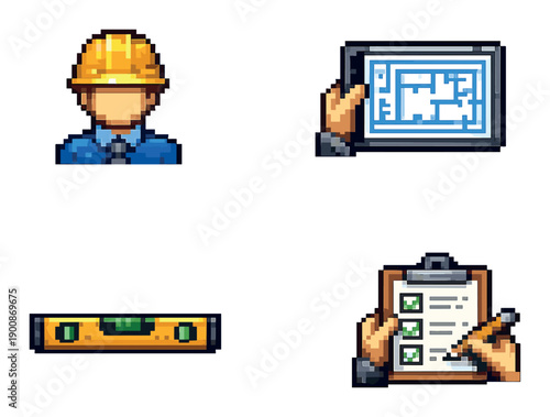 Pixel art construction icons: engineer, blueprint, level, checklist