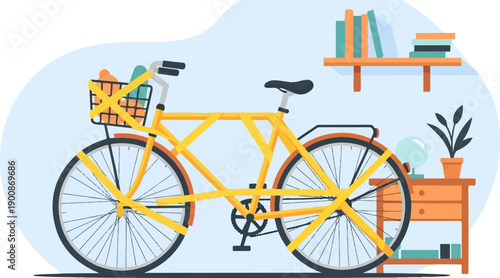 A bright yellow bicycle with items in its basket sits indoors next to furniture