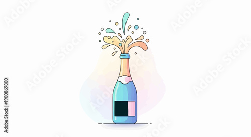 A cartoon bottle of champagne bursts with bubbly liquid and droplets
