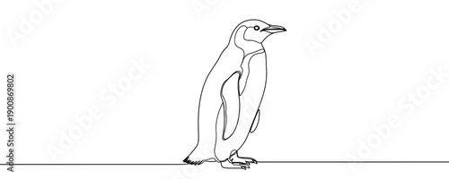 Penguin in one line art style. Minimalist illustration of an Antarctic bird drawn with one continuous black line. Vector illustration.