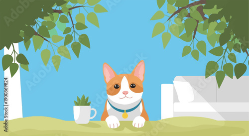 A cheerful dog sits by a table with a plant, under leafy trees