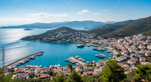 A coastal town with white buildings and red roofs hugs a blue bay filled with boats