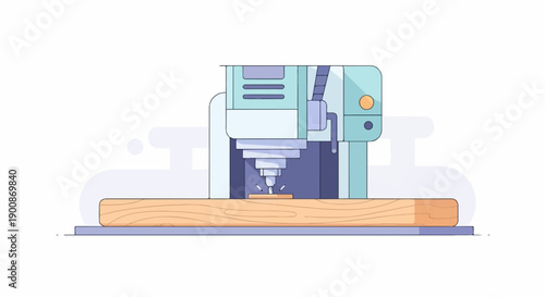A flat design illustration of a CNC milling machine carving wood