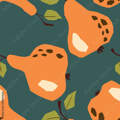 Seamless pattern with pear on color background. Natural delicious fresh ripe tasty fruit. Sweet pears with leaves. Food concept. Vector illustration for print, fabric, textile.
