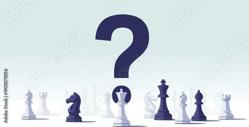 A dark question mark hovers over a chessboard with contrasting pieces