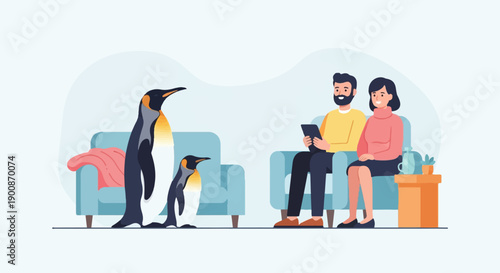 A couple sits on a sofa with two penguins in a room