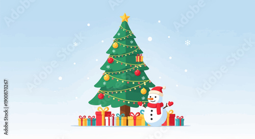 A cheerful snowman stands beside a decorated Christmas tree surrounded by gifts