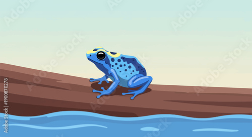 A bright blue, speckled frog rests on a wooden log above water