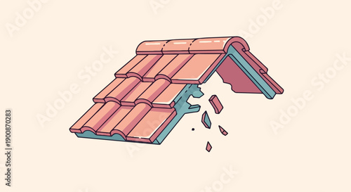 A damaged tiled roof section with falling pieces on a plain background