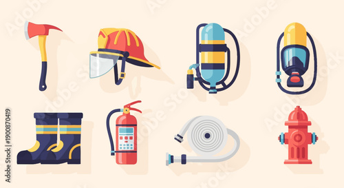 A collection of colorful firefighter equipment illustrations on a pale background