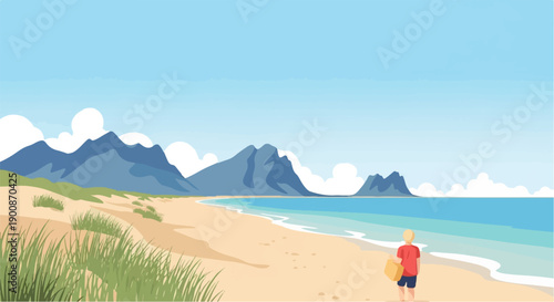 A child walks on a sandy beach toward the ocean with mountains in the background