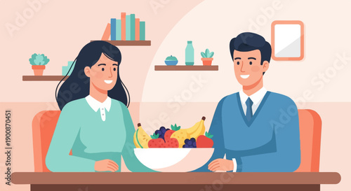 A couple sharing a bowl of fresh fruit at a table in a room