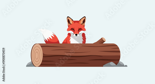 A cartoon fox with red fur peeks over a large brown log with rocks