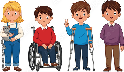 Inclusive children characters illustration showing kids with disabilities and different abilities diversity concept flat vector illustration