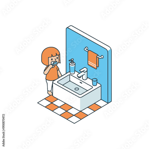 Child Brushing Teeth in Bathroom Isometric Illustration.
