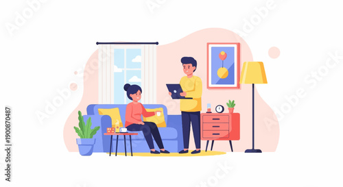 A couple relaxing in a modern living room with a laptop and refreshments