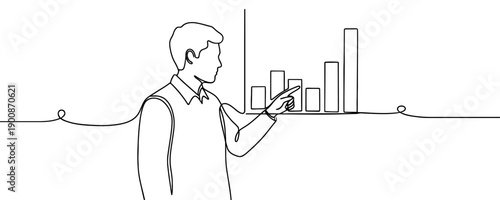 Analyst or manager pointing to a bar growth chart, one line art style. Concept of business analytics, success, and statistical reports.