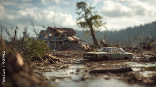 Wallpaper Mural Post-Disaster Landscape with Submerged Car and Ruined Building Remains Torontodigital.ca