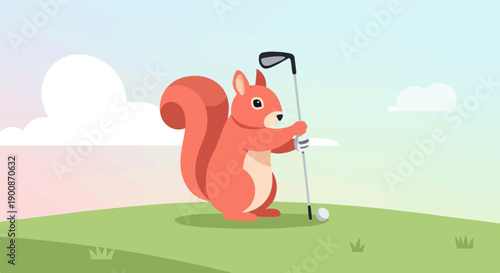 A cute red squirrel is about to play golf on a sunny day