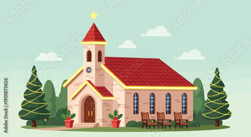 A church decorated for winter holidays with festive trees