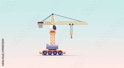 A flat, minimalist illustration of a construction tower crane against a soft gradient sky