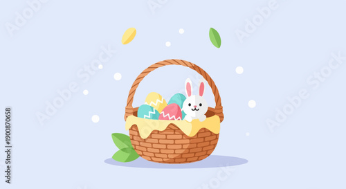 A cute rabbit peeks from an Easter basket filled with colorful eggs