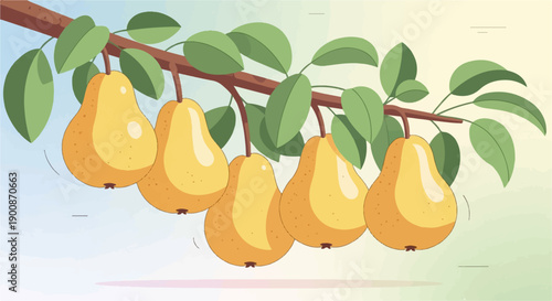 A branch laden with ripe, golden pears hangs against a soft, pastel sky