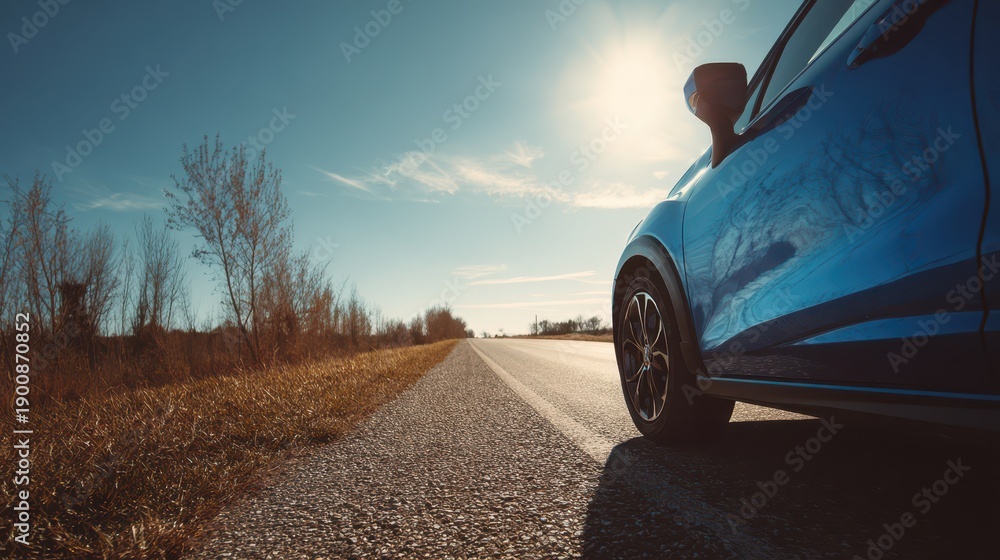 Fototapeta premium Blue car parked on a sunlit roadside with expansive sky and space for text