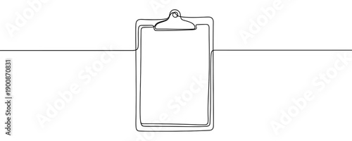 Clipboard with paper clip, one line art style. Minimalist symbol of office work, planning, and to-do list.