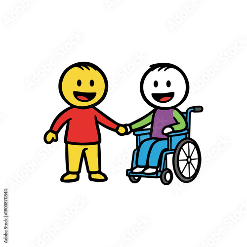 Two cartoon characters, one in a wheelchair, holding hands.