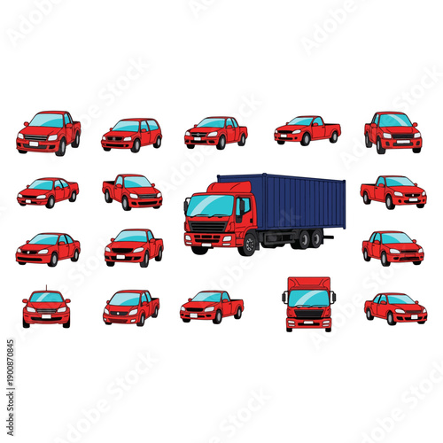 Red cars and truck vehicles.
