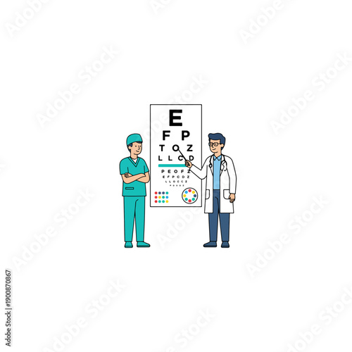 Two medical professionals conducting an eye exam with a Snellen chart.