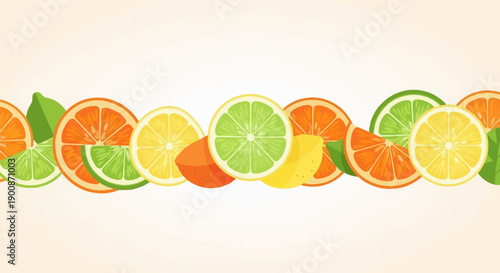 A border of sliced citrus fruits, oranges, limes, and lemons, on a light background